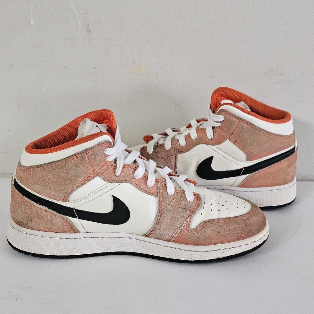 Nike Air Jordan 1 Mid Retro Orange Suede White Sneakers Youth Size 7Y